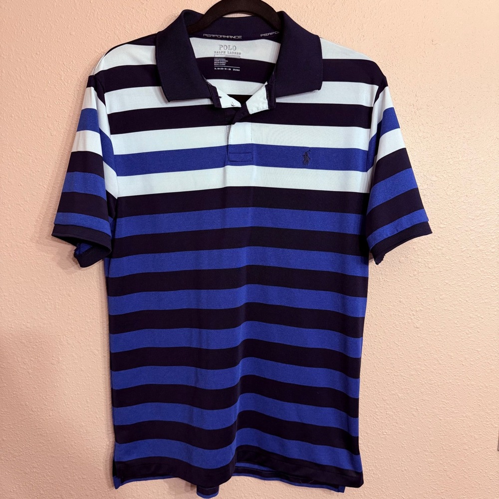 Polo Ralph Lauren Boys XL 18-20 Performance Striped Polo Shirt Blue White